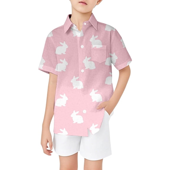 Boys' Easter Bunny Print Button Up Shirt With Short Sleeves Stand Collar And Pockets Pink 5 Y-6 Y