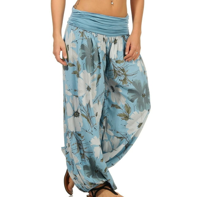 LOVZFMLL Pantalon pour Femme, Pantalon Long à Jambe Grand Imprimé Pantalon Harem Décontracté Mode Bleu, 2TG