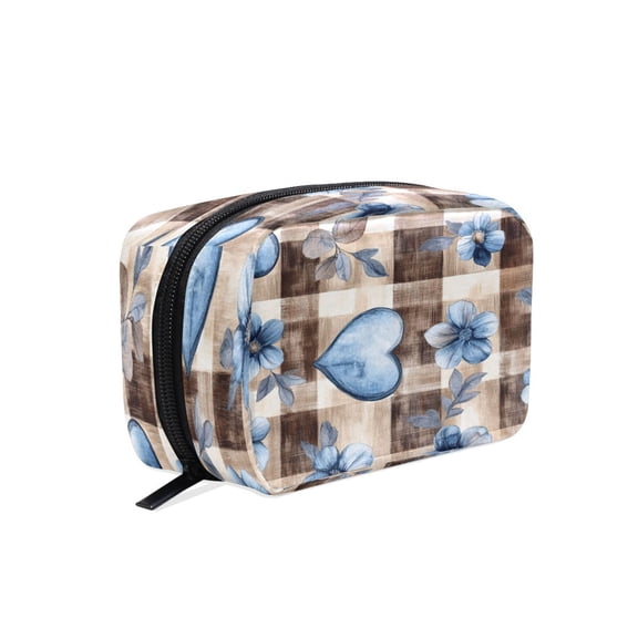 BZSMCE Makeup and Cosmetic Bag Women Simple Blue Floral Hearts on Check Pattern Square Cosmetic Bag