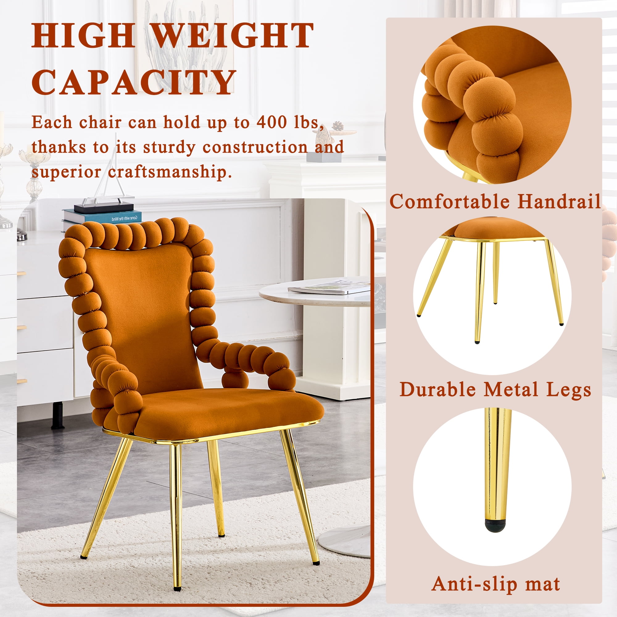 Alvantor Dining Chairs Set of 2, Modern Velvet Bubble Chairs with Armrests & Metal Legs, Upholstered Accent Chairs for Dining Room & Kitchen Orange
