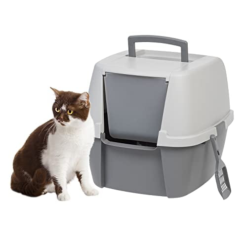 IRIS USA Bac à Litière pour Chat Jumbo Fermé avec Rabat de Porte avant et Pelle, Bac à Litière avec Poignée et Boucles pour Portabilité et Intimité, Gris