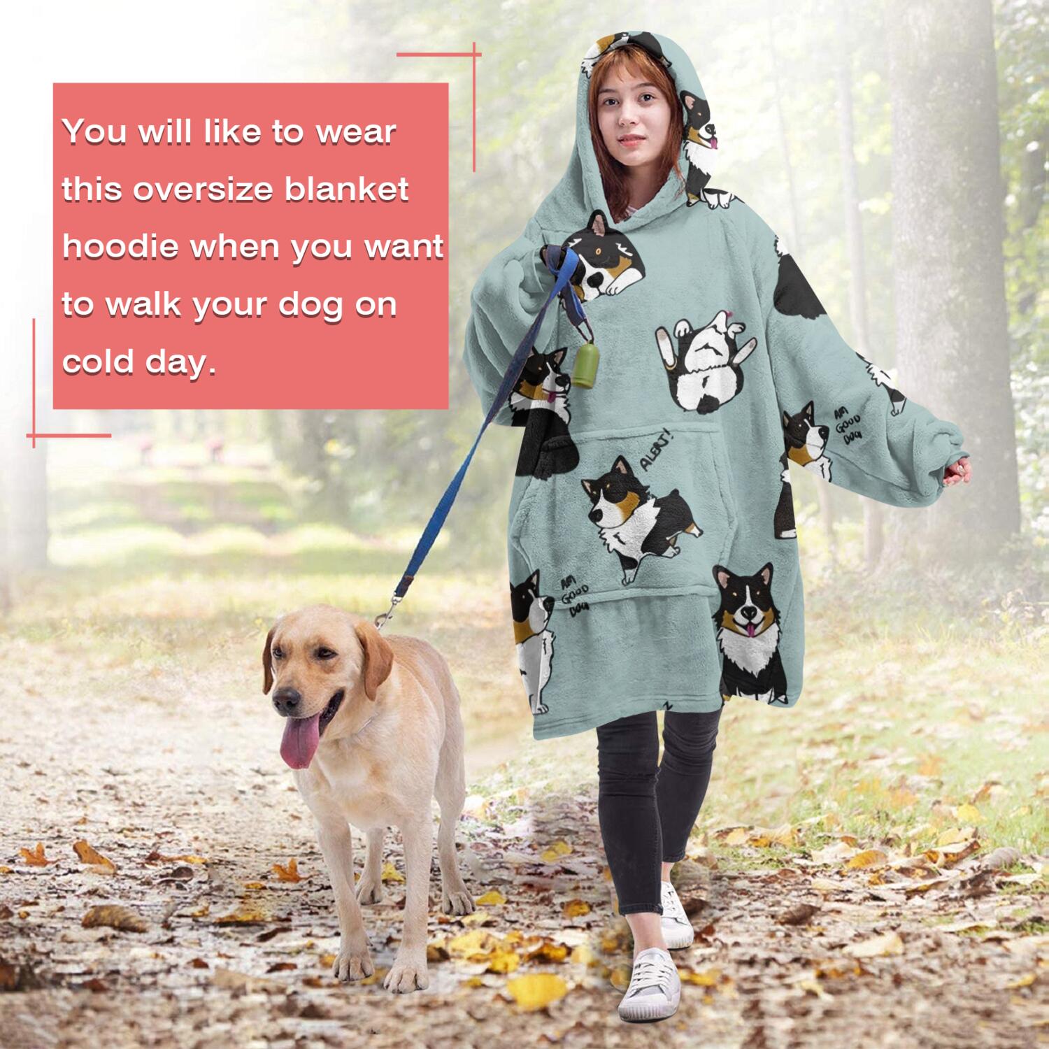 Wearable Oversized Blanket,Black Corgi Wearable Blanket Hoodie for Adults,Cozy Hooded Blankets with Super Pockets,Super Warm Fuzzy Pullover for Women & Men