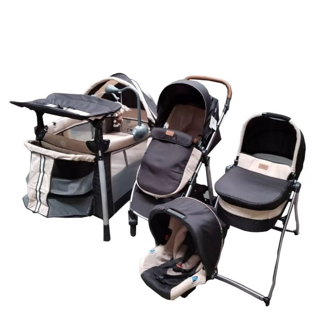 Combo de Lujo AEIOU Cuna Corral, Carriola, Bambineto y Portabebé Francia Negro/Beige 4 piezas