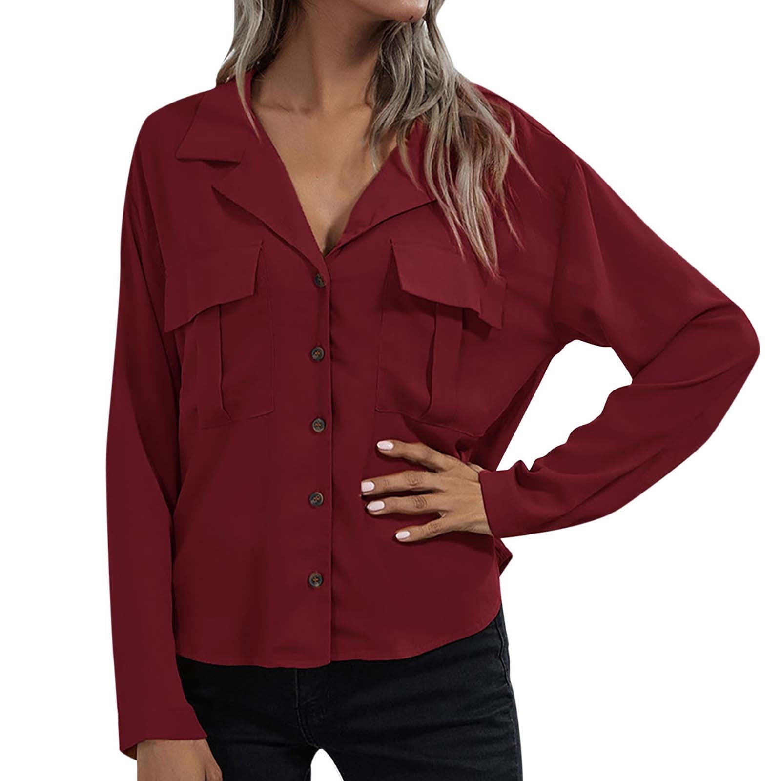 Women's Long Sleeve V-Neck Casual Blouses Pocket Button Down Shirt