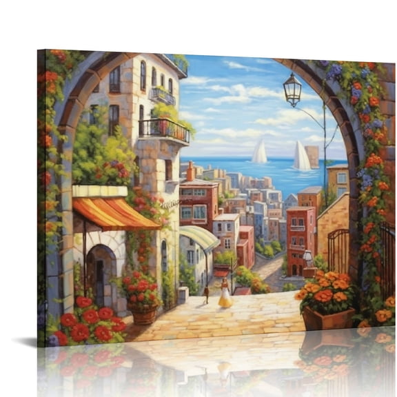 JRXY  Italian Town Canvas Wall Art - Coastal Village Painting Artwork Reproduction Print Decor for Living Room 20x16in