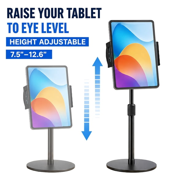 Tablet Stand for Desk, Height Adjustable 360° Rotating Tablet Holder for 4.7–15.6 in Phones & Tablets, Weighted Metal Base, Black