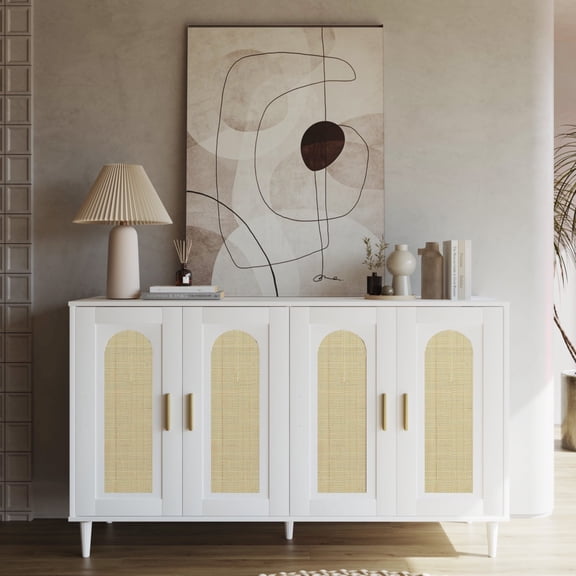 BOCVKENN Rattan Sideboard Buffet Cabinet with Storage, Wooden Cabinet with 4 Doors, Kitchen Console Table,White