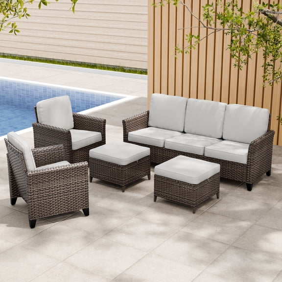 EAGLE PEAK Ocean Vista 5 piece Patio Variated Brown Wicker Sofa Set Dining Chairs, 3-Seat Sofa Set, Beige Cushions