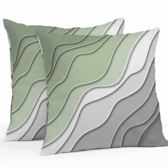 Throw Pillow Covers 18x18 Inch Set of 2, Sage Green Grey Ombre Waterproof Outdoor Pillow Covers, Modern Abstract Art Aesthetics Decorative Cushion Pillowcases for Couch, Sofa, Bed, Garden, Patio