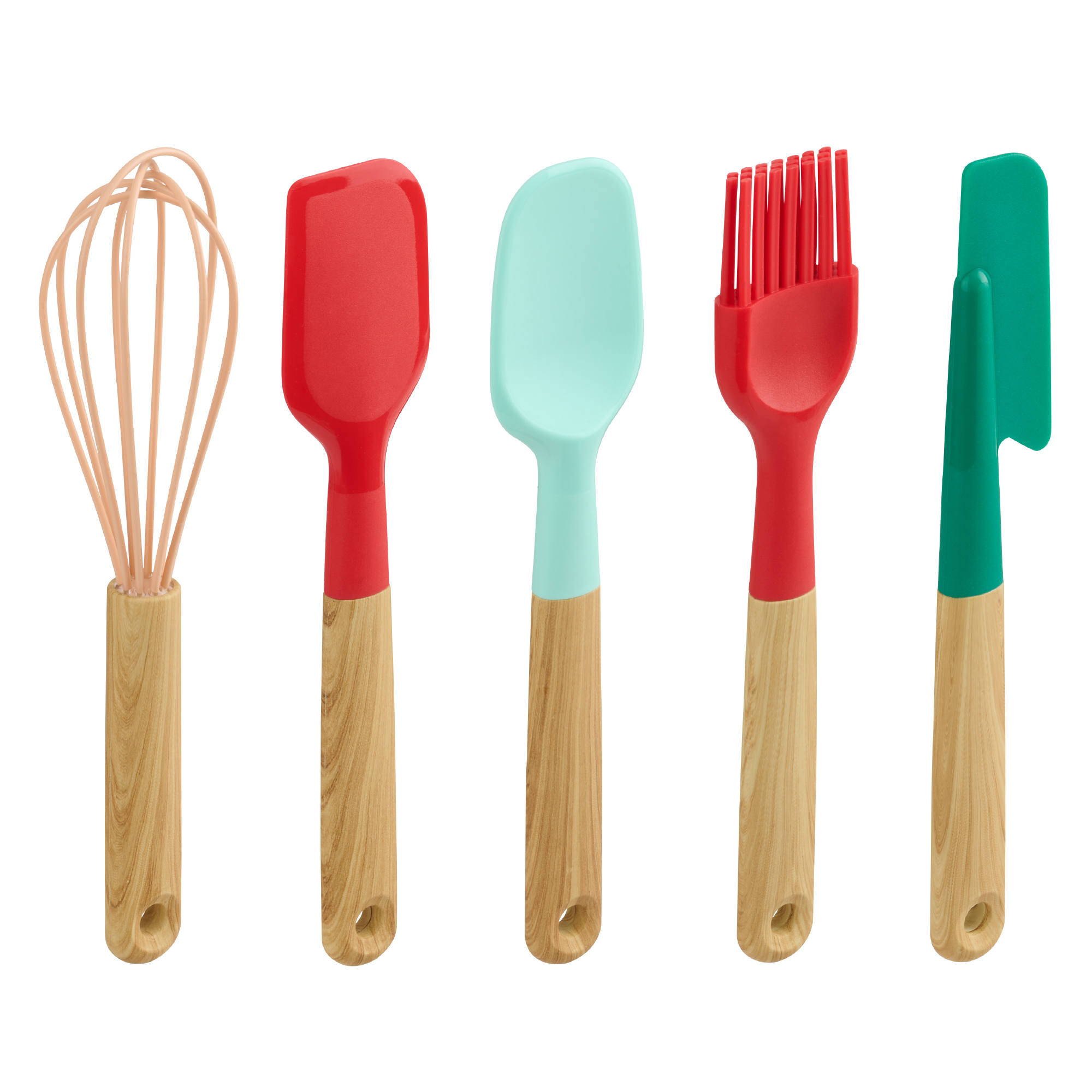 Holiday Time 5-Piece Mini Baking Tools. Red, Green, Pink and Blue