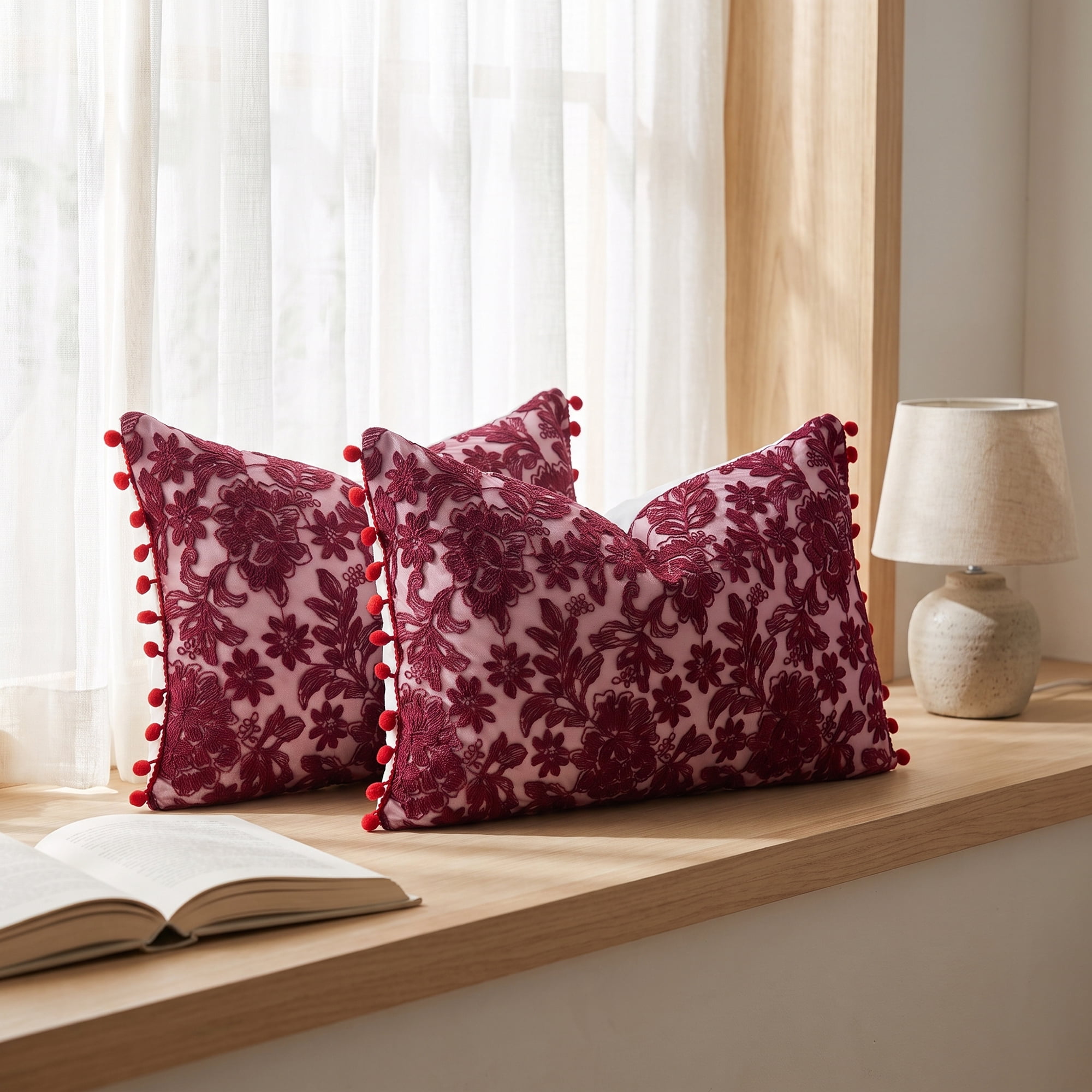 Unique Bargains Elegant Vintage Floral Throw Pom-Pom Pillow Covers Red 20" x 12"