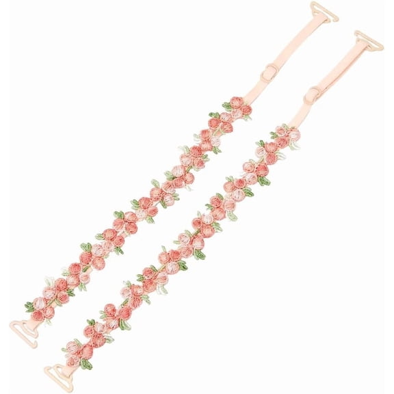 1 Pair Pink Embroidered Flower Lace Removable Invisible Lingerie Decorative Bra Straps Floral Adjustable Elastic Replacement Bra Shoulder Underwear Strap for Women Tops Dresses Accessories