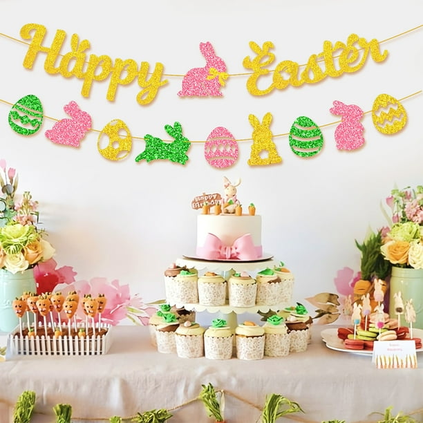 Xihbxyly Bandera de Pascua, Diseño de Papel Brillante, "Felices Pascuas" y Conejito con Huevos, Decoración Vibrante para Fiestas, Decoración de Interior y Exterior, Primavera, 20 X 20 Cm