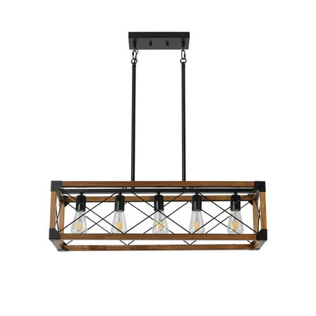 32" Walnut Industrial Farmhouse Rectangle Pendant Light, 5-Light Chandelier for Dining Room, Kitchen Island, Cafe Decor (No Bulbs)