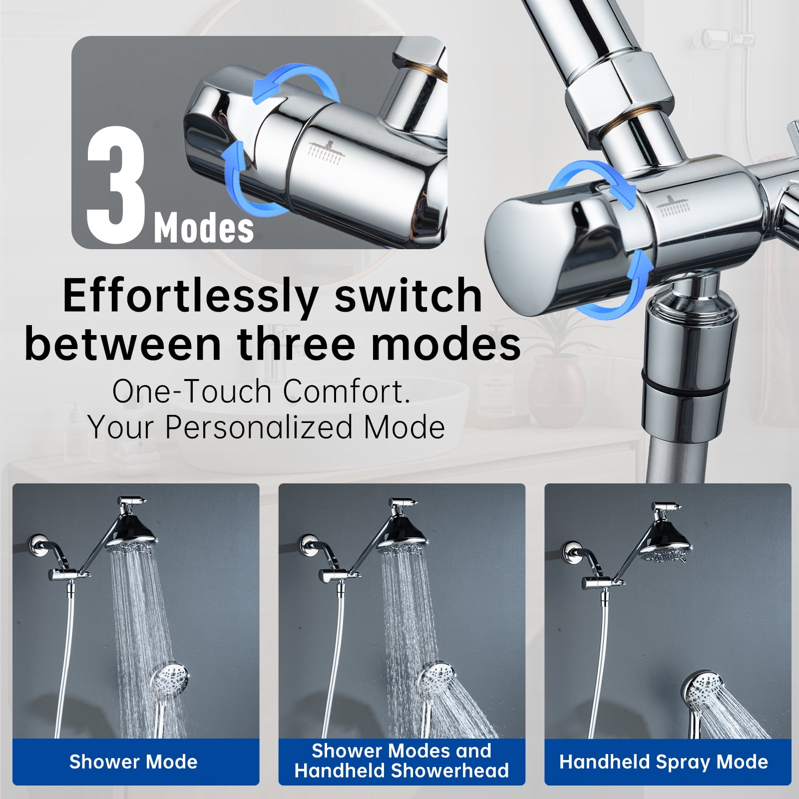Joyrain Multi-angle adjustable showerhead& Handheld High-pressure 8 Spray Modes Shower Head, Rain Shower Combination with Straight Adjustable Extension Arm