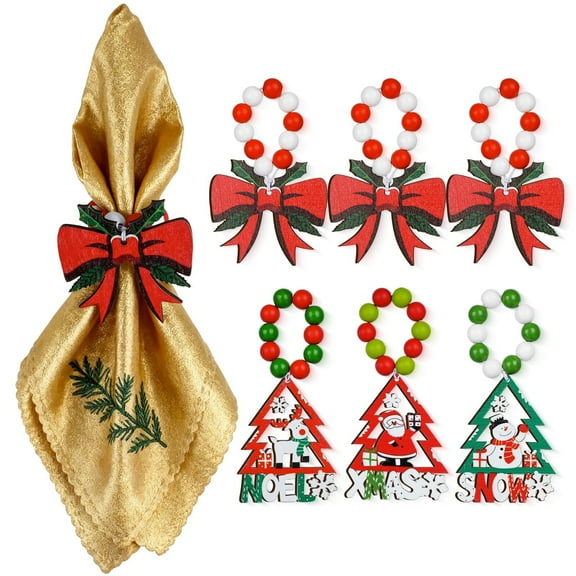 IWNTWY Christmas Napkin Rings Set of 6, Wooden Xmas Napkin Holders for Christmas Holiday Parties Table Decorations