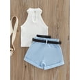 thumbnail image 5 of PaerPade Toddler Baby Girls Three-Piece Summer Outfits 6 9 12 Months 1T 2T 3T 4T Solid Color Sleeveless Ribbed Stand-Up Collar Tops + Belted Short Pants + Small Waist Pack, 5 of 10