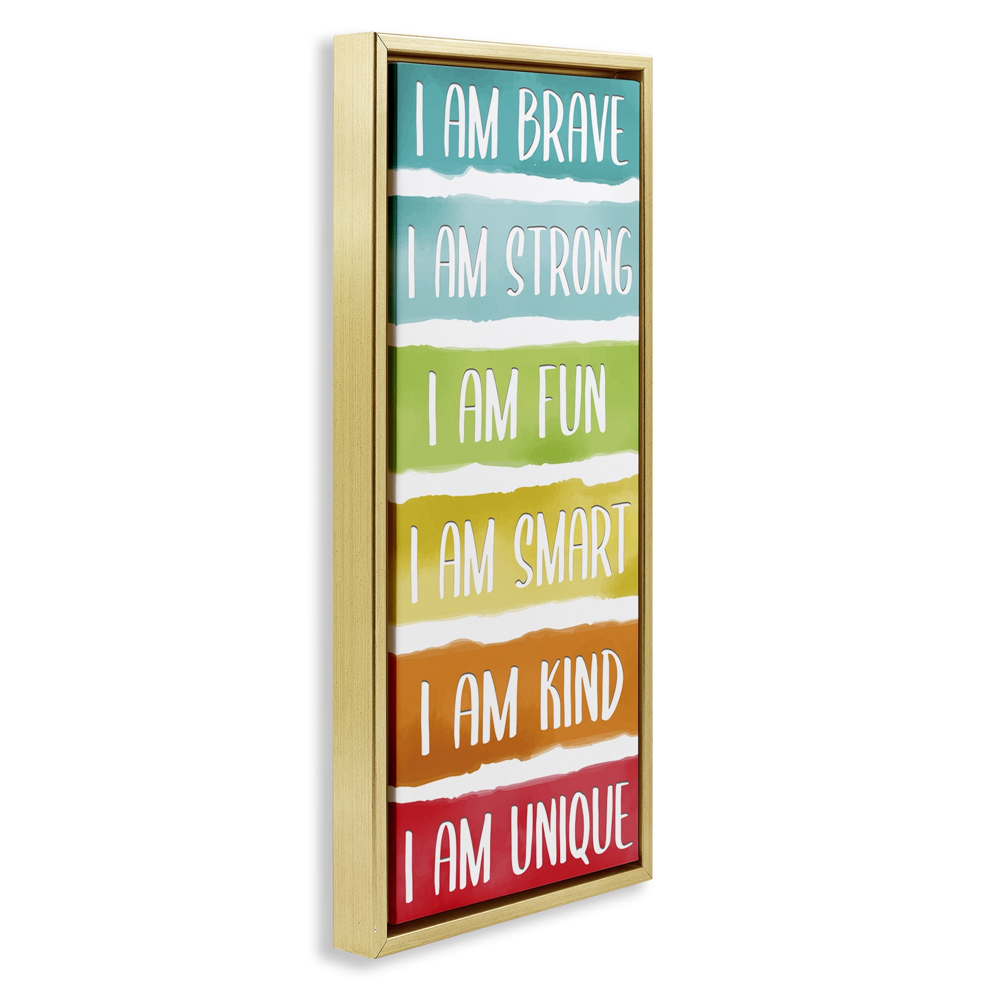 Stupell Industries Fun Inspirational Rainbow Phrases Inspirational Painting Gold Floater Framed Canvas Art Print Wall Art, 11 x 25