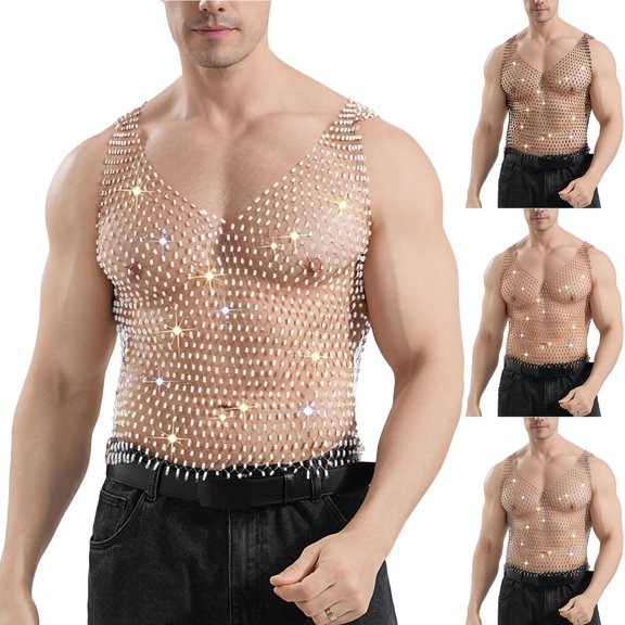 Nmnitkp Men's V-Neck Rhinestone Fishnet Tank Tops, Sheer Hollow Sparkle Sleeveless Shirts for Nightclub Party, Rave Festival, Stage Performance & Clubwear Outfit White,S