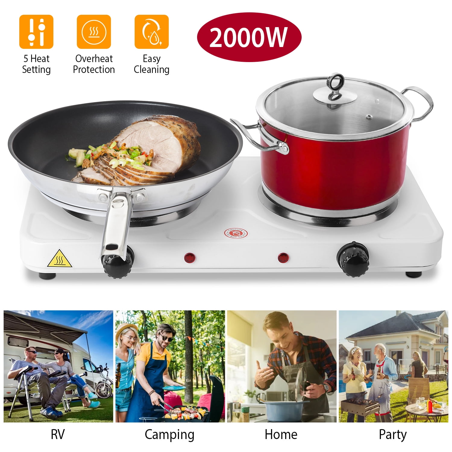 TeqHome Double Burner Electric Cooktop 2000W Portable Electric Countertop Burner Hot Plate Kitchen Cooker Stove with 5 Gear Temperature Control for Home Travel Camping White