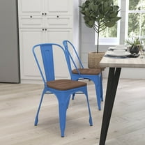 Merrick Lane Blue Metal Dining Chair With Curved Vertical Slatted Back And Textured Wooden Seat