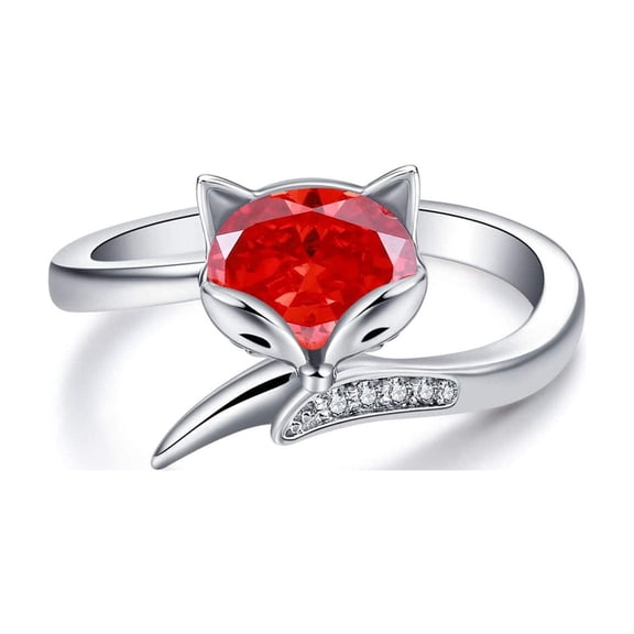 YAFEINI Sterling Silver Fox Ring for Women, Simulated Aquamarine Birthstone Crystal from Austria, Animal Fox Tail Adjustable Open Ring, Anniversary Birthday Fox Jewelry Gifts for Foxes Lovers(Red)