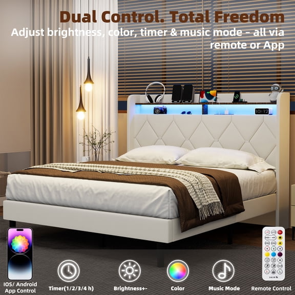 Frostbloom Queen Size Bed Frame with 2-Tier Storage Headboard Shelf, Velvet Upholstery & Charging Station, Off-White