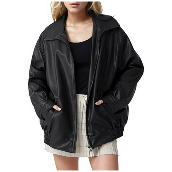 Uinagy Women's Solid Leather Biker Jacket