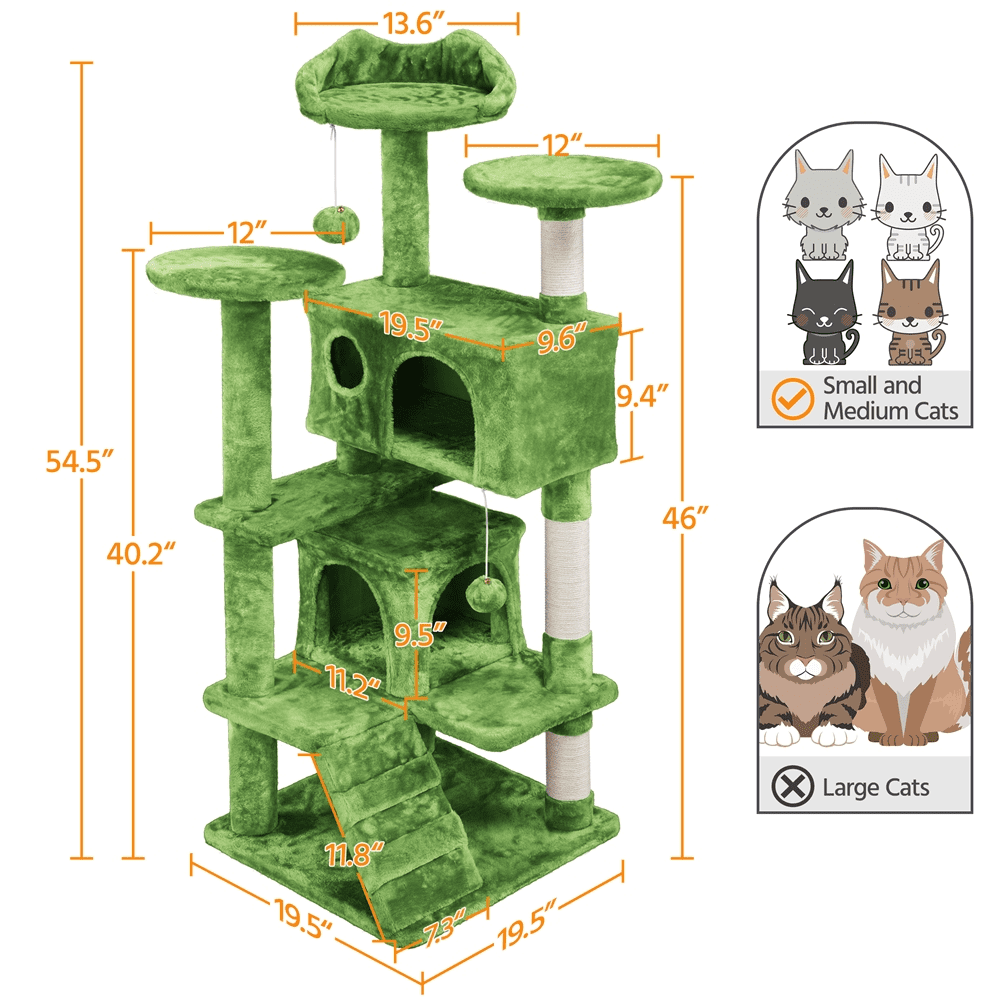 Alden Design Upholstered 6-Level 54" Cat Tree with 2 Condos, Green