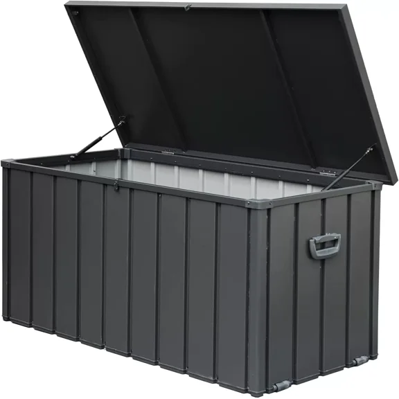 TOTAL Outdoor 150 Gallon Outdoor Deck Box,Waterproof & Rodent-Proof Steel-Reinforced Deck Container,Hydraulic Safety Lid with Lock,Patio, Garden, Pool Equipment Organizer,Dark Gray