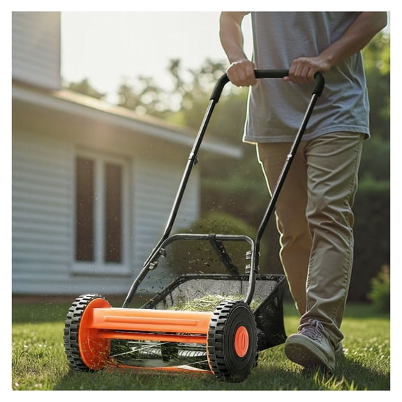Push Reel Lawn Mower 14-Inch, 5-Blade Manual Mower, Adjustable Height 0.6-1.75in, Grass Catcher, for Small Lawns, Driveways & Courtyards