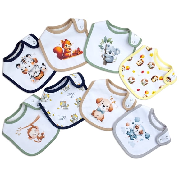 8 Pack Baby Drool Bibs, 3-Layer Waterproof Cotton Feeding Bibs with Cute Forest Animal Prints, Adjustable Snap Reusable Teething Bib Set for Newborn Infant Toddler Boys Girls