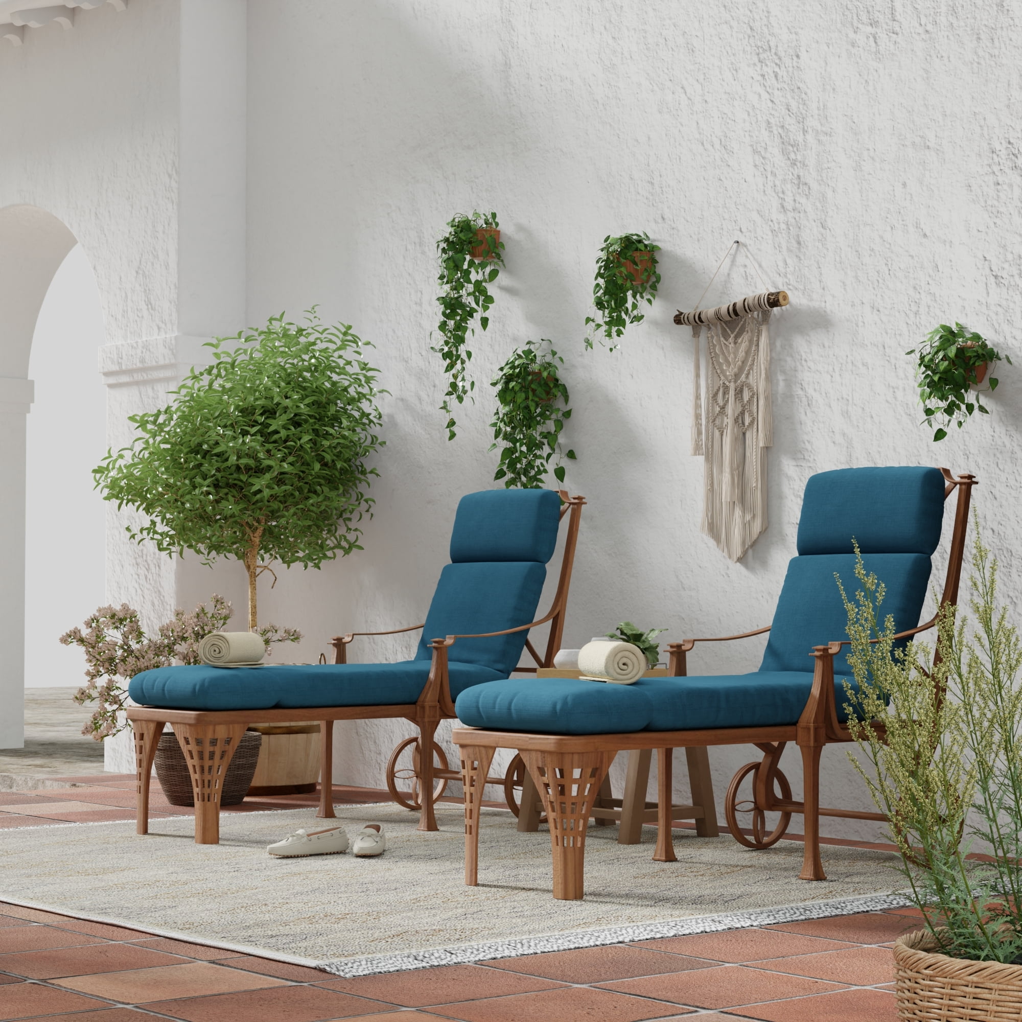 Jordan Manufacturing 72" x 22" Celosia Legion Blue Crosshatch Rectangular Outdoor Chaise Lounge Cushion with Ties and Hanger Loop