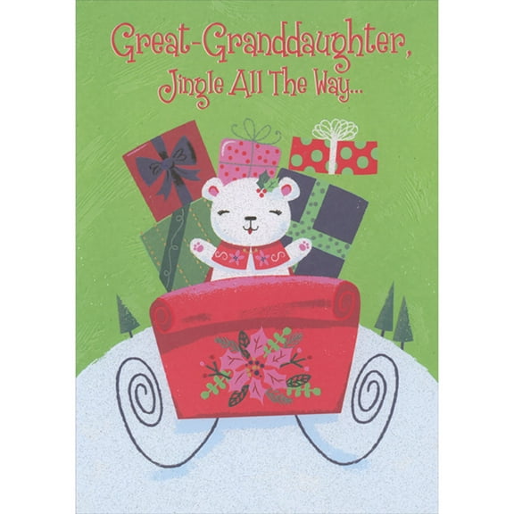 Designer Greetings Jingle All the Way: Smiling White Bear in Red Sleigh with Presents Juvenile Christmas Card for Great-Granddaughter
