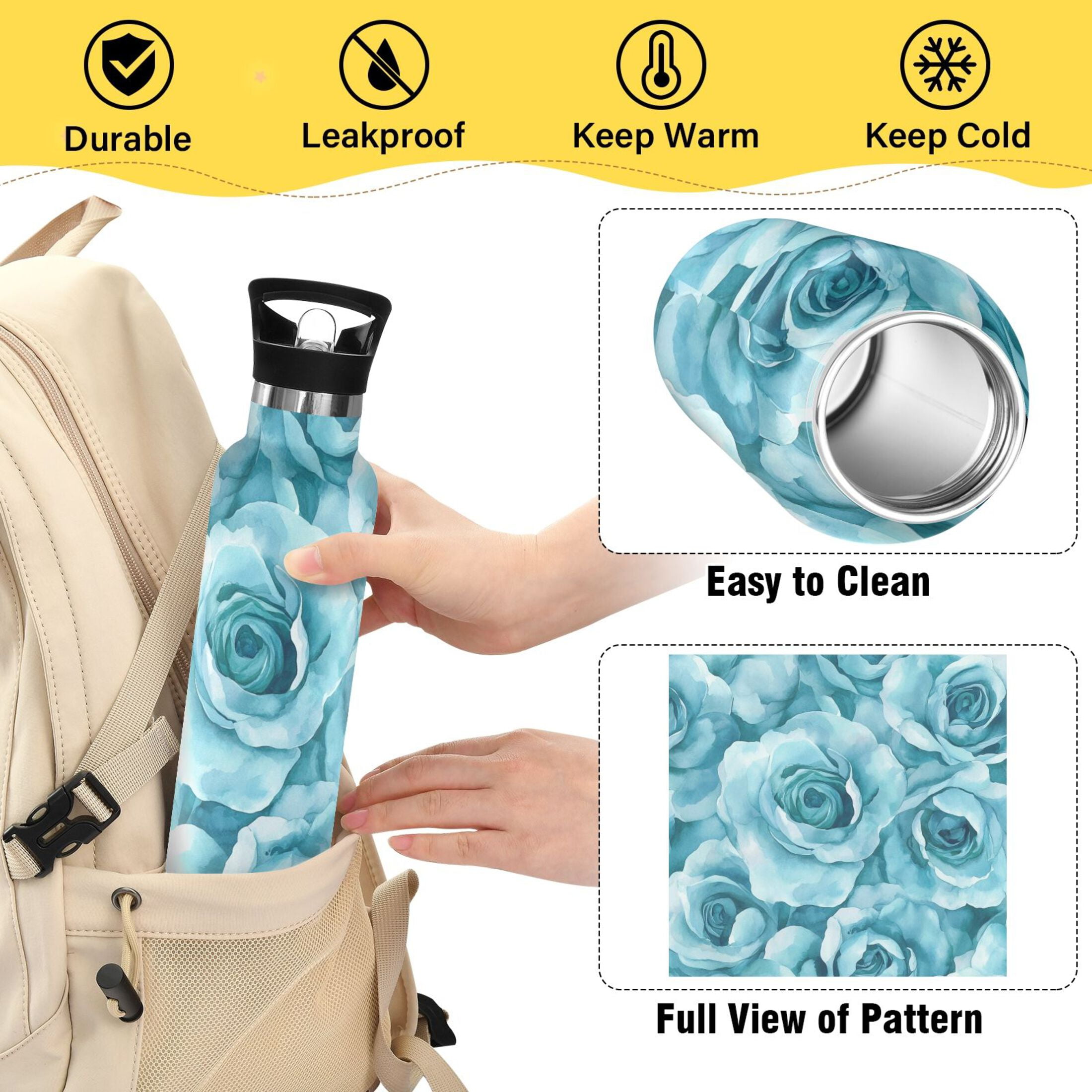 600ML Stainless Steel Insulated Cup Sports Water Bottle Portable Thermos Cup Water Glasses Insulated Tumblers Convenient and Durable Turquoise Roses Seamless