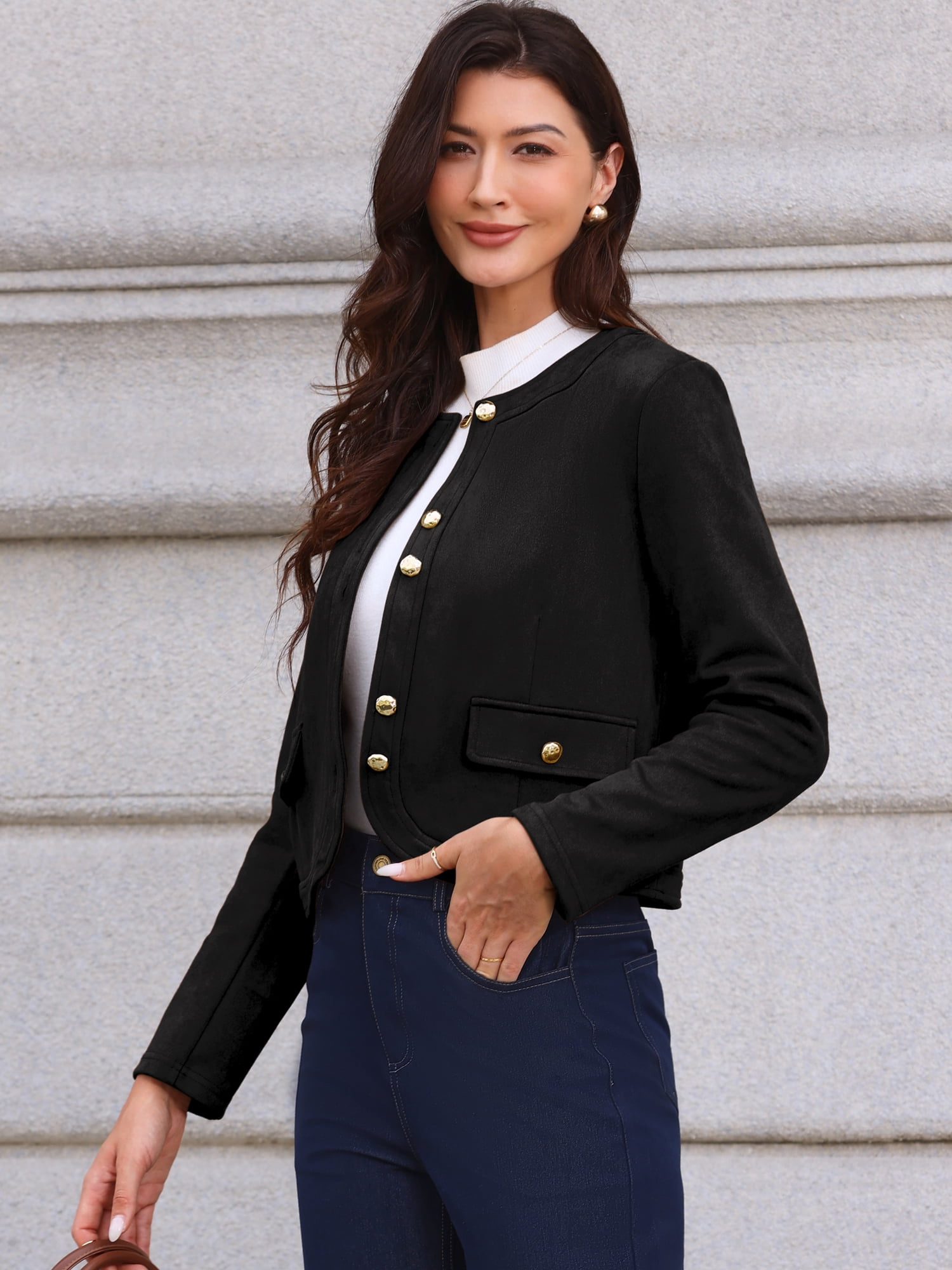 DARING DIVA Women's Collarless Long Sleeve Outerwear Faux Suede Jacket M Black