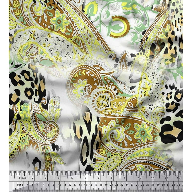 Soimoi Yellow Poly Georgette Fabric Paisley & Leopard Animal Skin Decor Fabric Printed Yard 42 Inch Wide