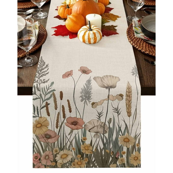Table Runner Dresser Scarves 60 Inch Long,Autumn Blossom Flower Fern Plant Linen Dining Table Runners Watercolor Floral Leaves on Flax Tabletop Scarf for Wedding Holiday Party Kitchen