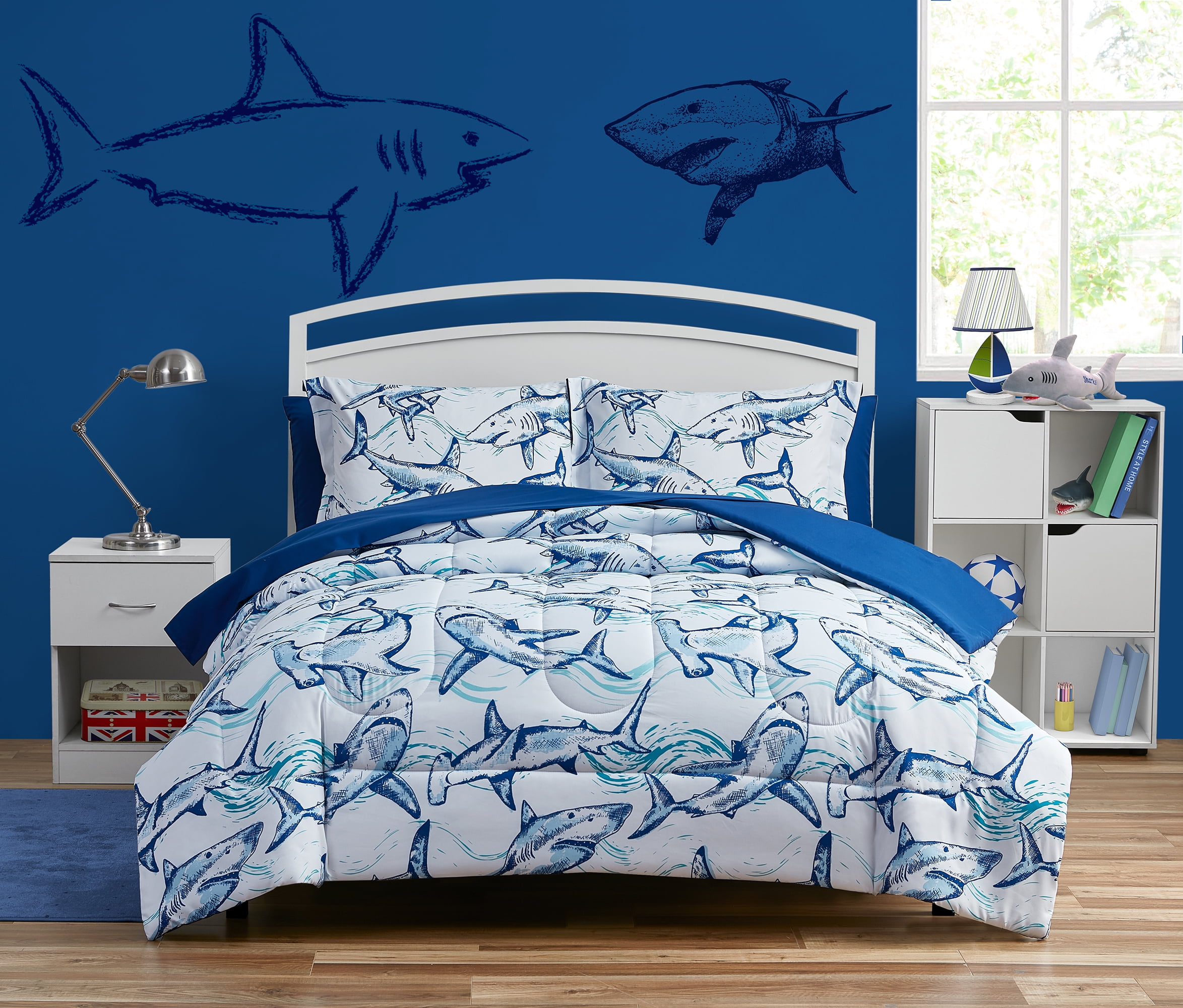 Teal Blue White Twin or Full Size Microfiber Sheet Set Shark Bedding Kids 