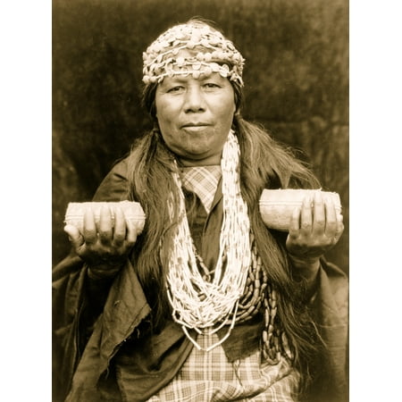 Hupa female shaman Athapascan Hupa woman from northwestern California half-length portrait standing facing front wearing shell headbands necklace and holding up two baskets Poster