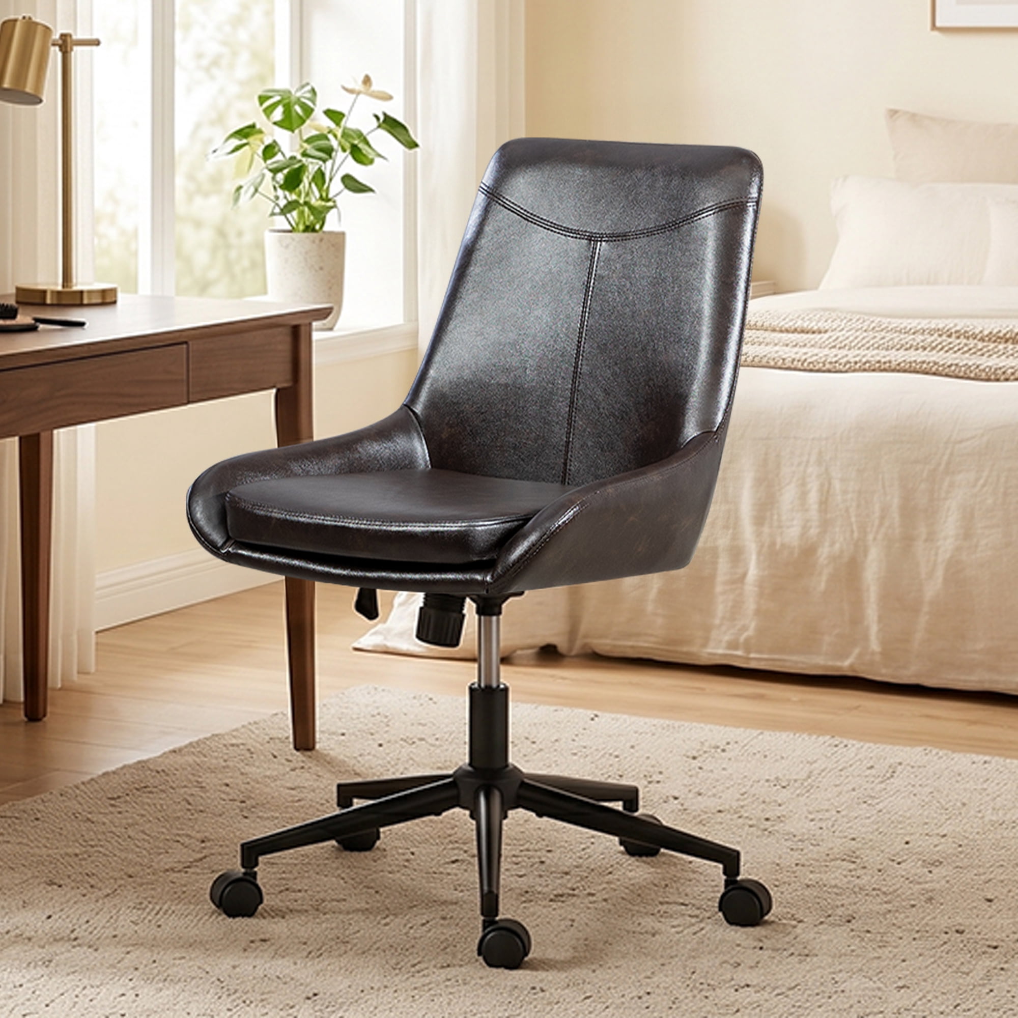 Faux Leather Home Office Task Chair, Armless Office Chair With Wheels, Swivel Adjustable Seat Height Desk Chair with Rocking Function for Living Room or Study, Black Brown