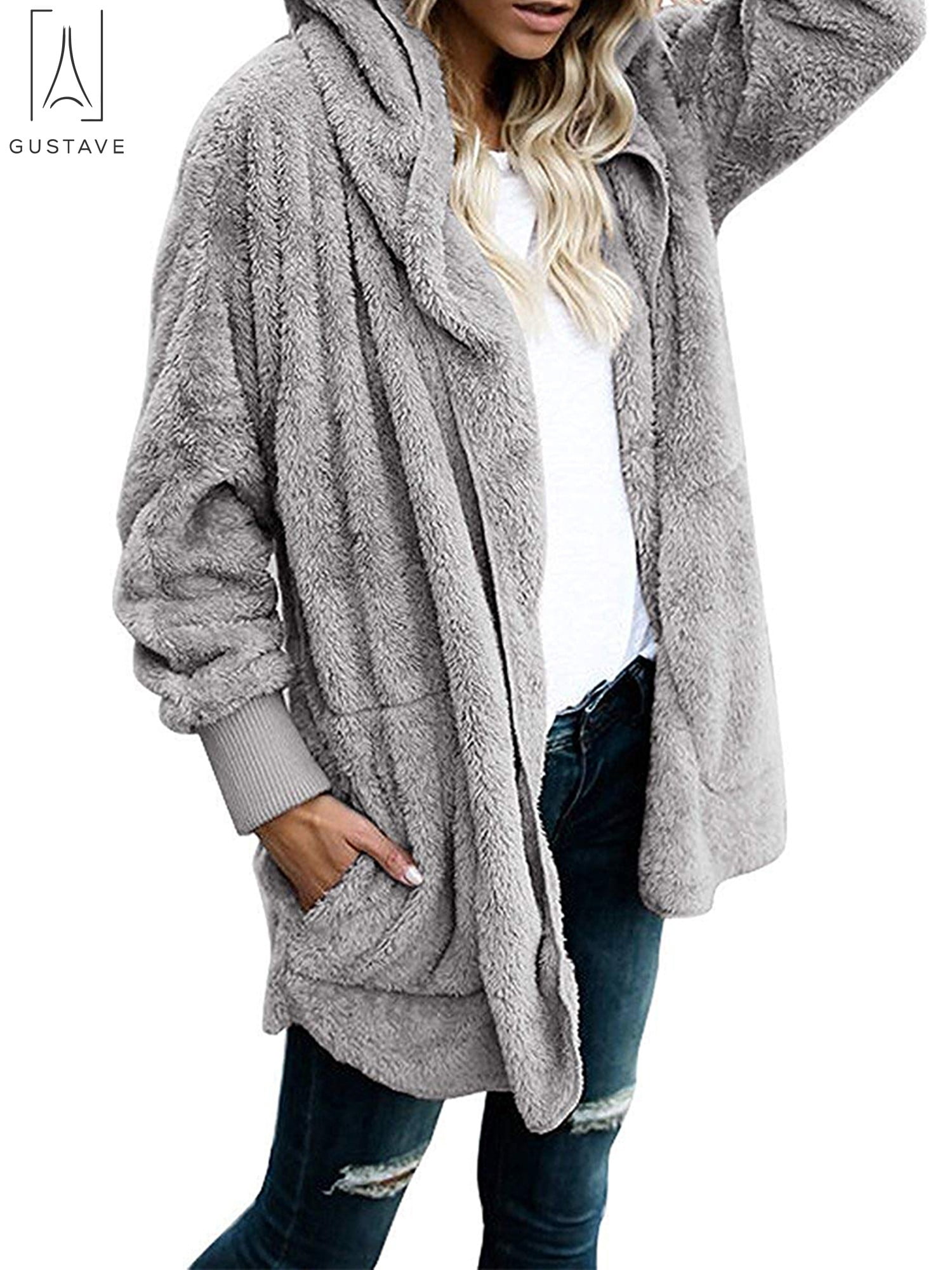 Ladies Winter Loose Color Matching Plush Pocket Hooded Cardigan Coat