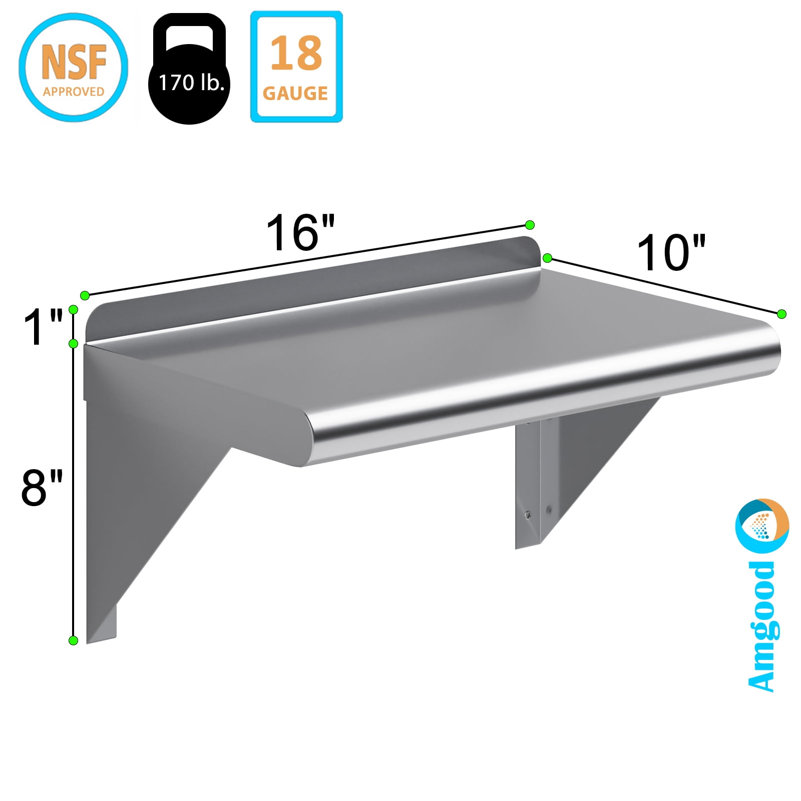 AmGood 10 in. x 16 in. Stainless Steel Wall Shelf | NSF Certified | Appliance & Equipment Metal Shelving | Kitchen, Restaurant, Garage, Laundry, Utility Room