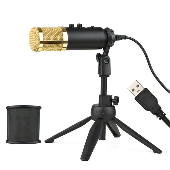 Computer Condenser Microphone Kit with Desktop Microphone Stand + Pop Filter + Audio Cable USB Plug for PC Laptop Live Streaming Gaming Online Singing Podcasting