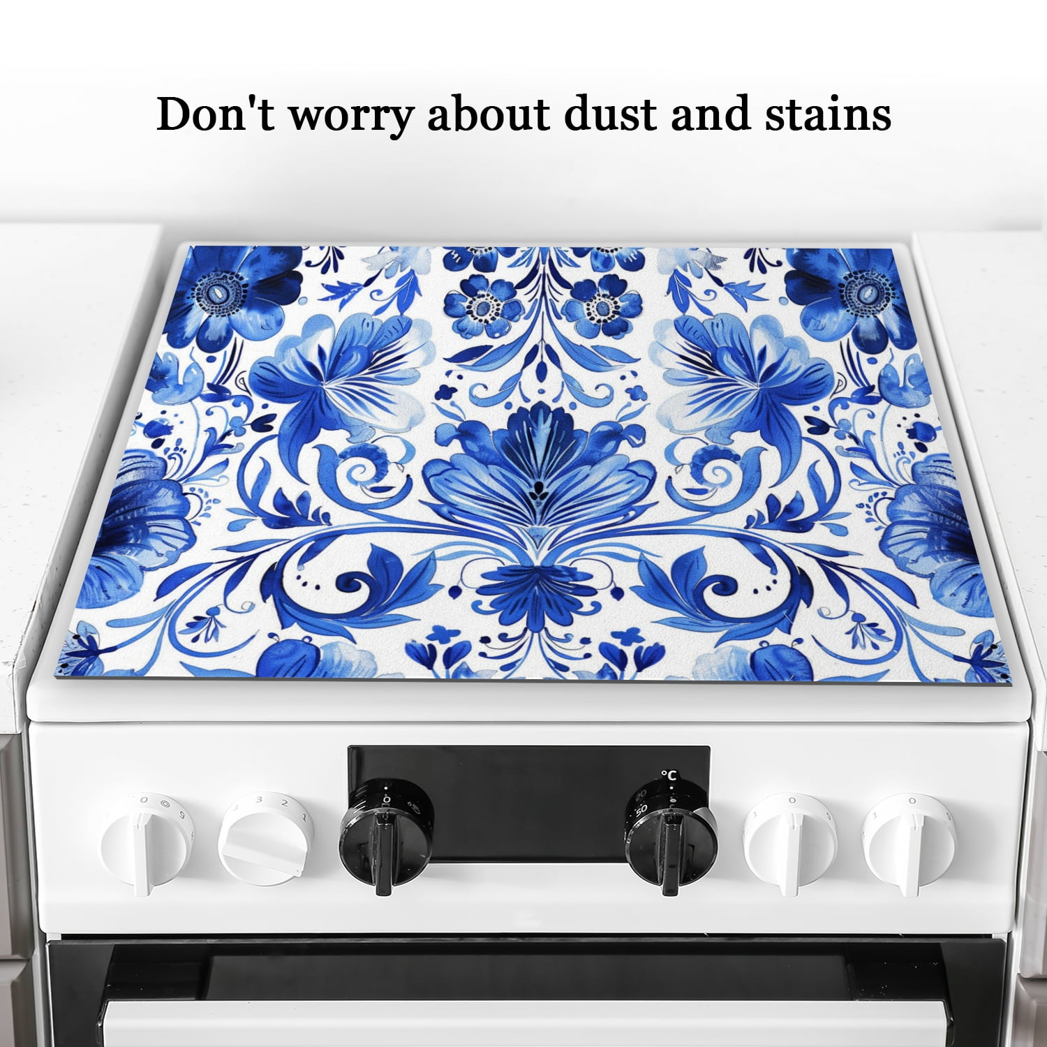 Stove Cover For Gas Stove, Blue and White Pattern with Floral Ornament Print Non-slip Glass Induction Cooktop Protector, Foldable Multifunctional Protector Mat for Kitchen RV (28×20 Inch)