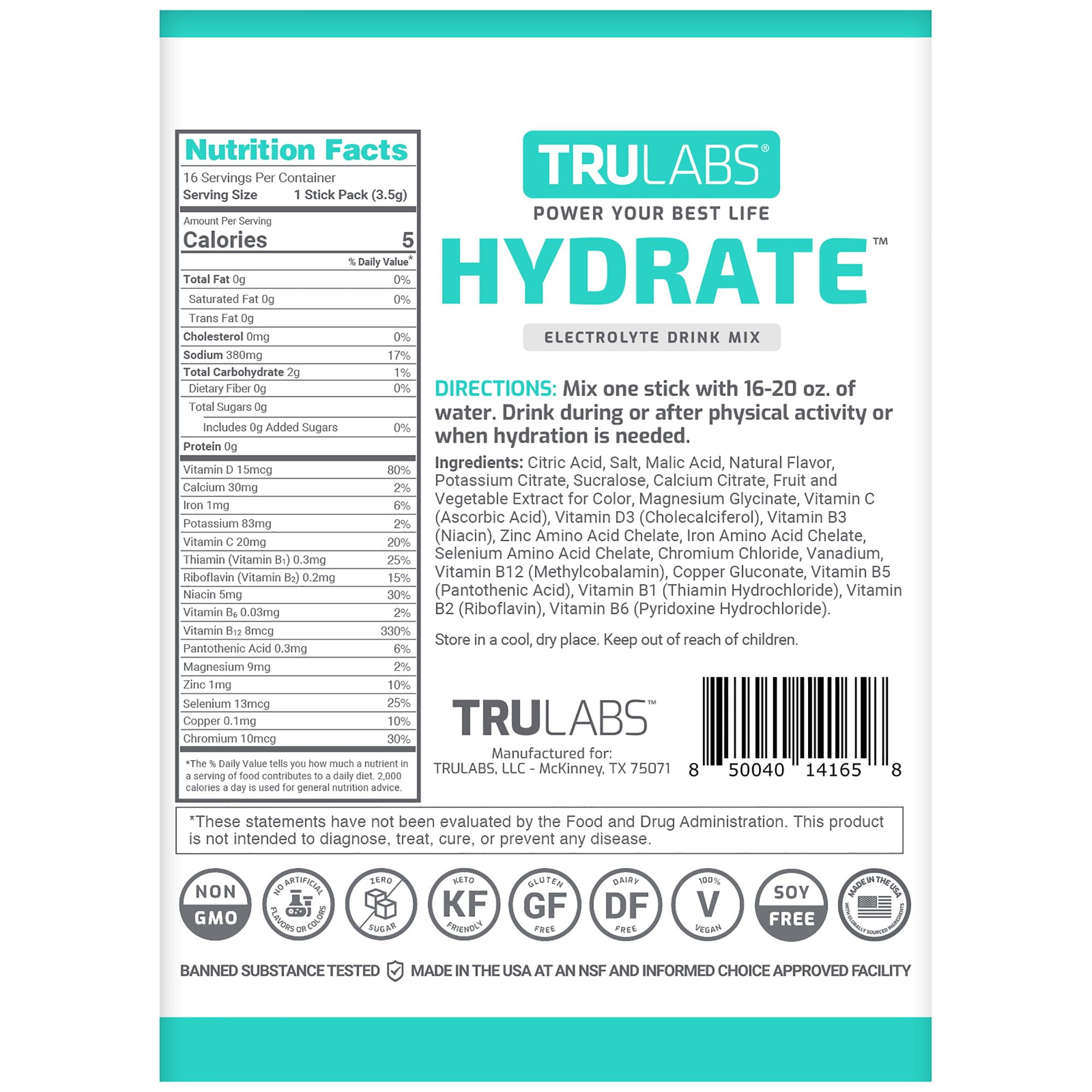 TruLabs Hydrate Glacier Electrolyte Powdered Drink Mix, Sugar-Free, 16 Sticks