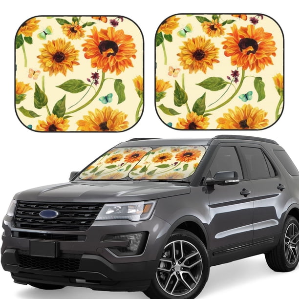 Balery Sunflowers And Butterflies Parasol para parabrisas de coche de 2 piezas | Parasol plegable para parabrisas delantero de coche para la mayoría de sedanes-Large