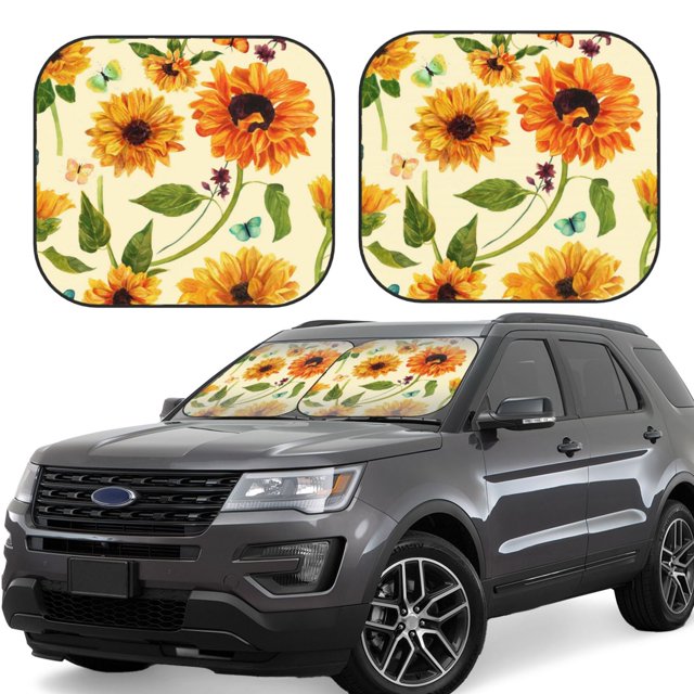 KLL Sunflowers And Butterflies for Windshield Sun Shade 2-Piece Foldable Car Front Window Sunshade for Most Sedans SUV Truck-Large