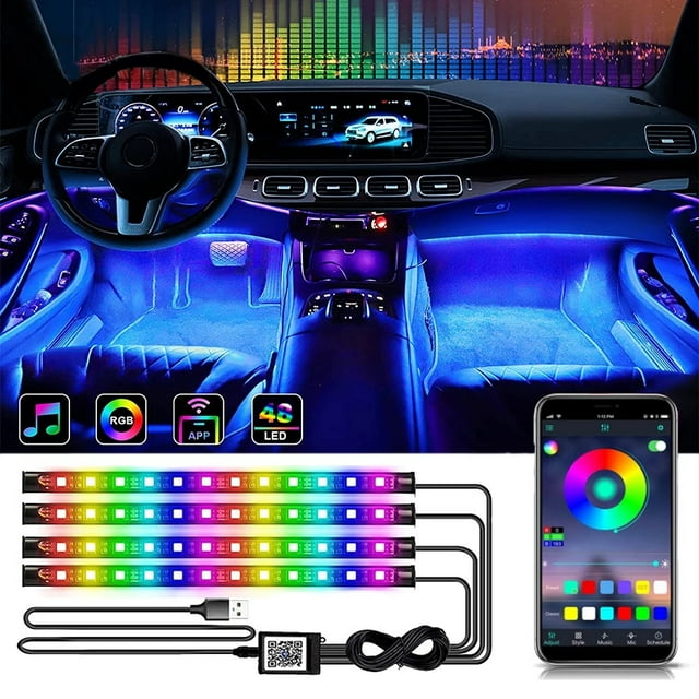 Iluminación interior de coche, accesorio LED para interior de coche, tira LED RGB decorativa, control por aplicación, diseño multicolor de doble línea impermeable con cargador, 12 V CC.
