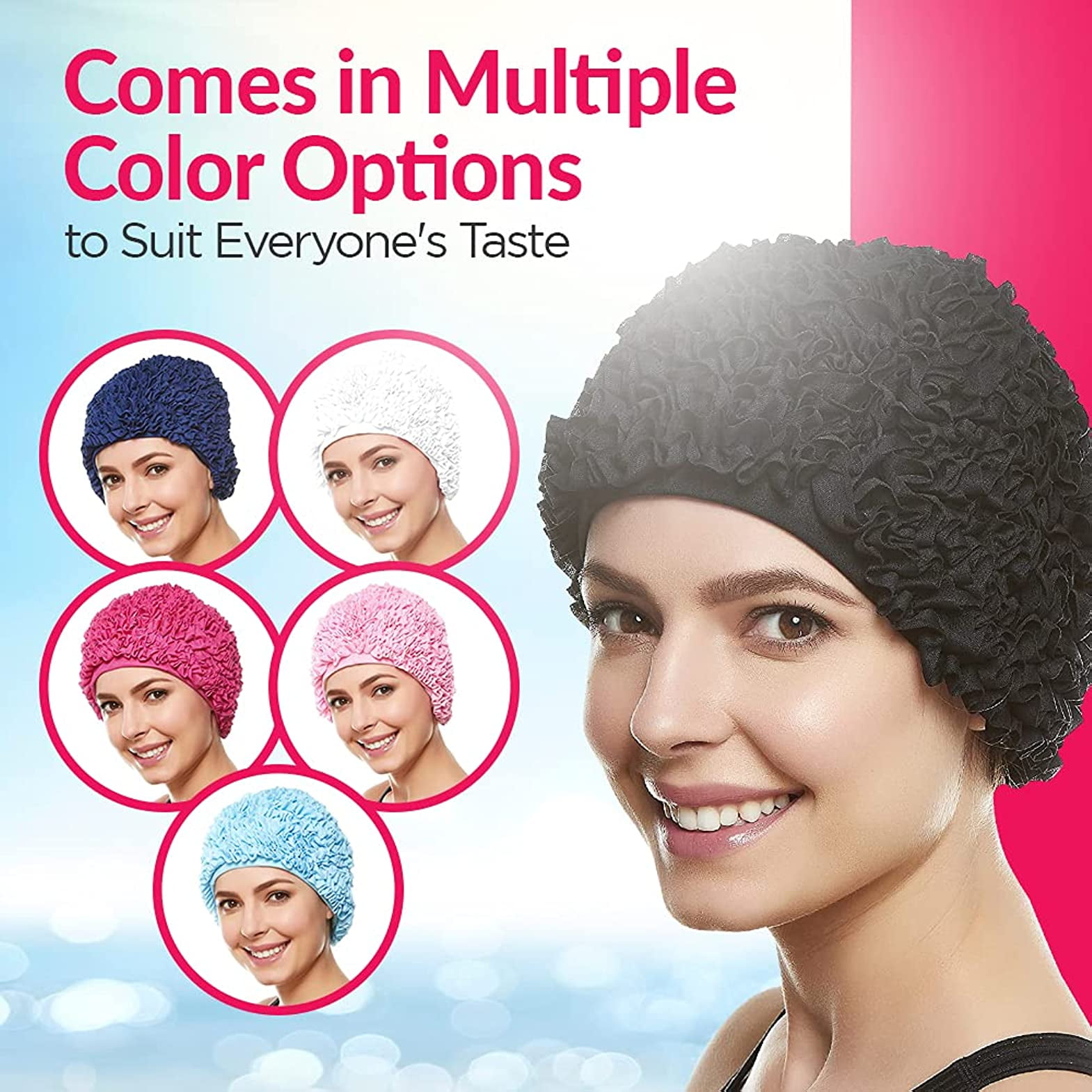 Beemo Women’s Swim Bathing Cap Turban–Polyester Latex Lined Ruffled Shower Cap, White